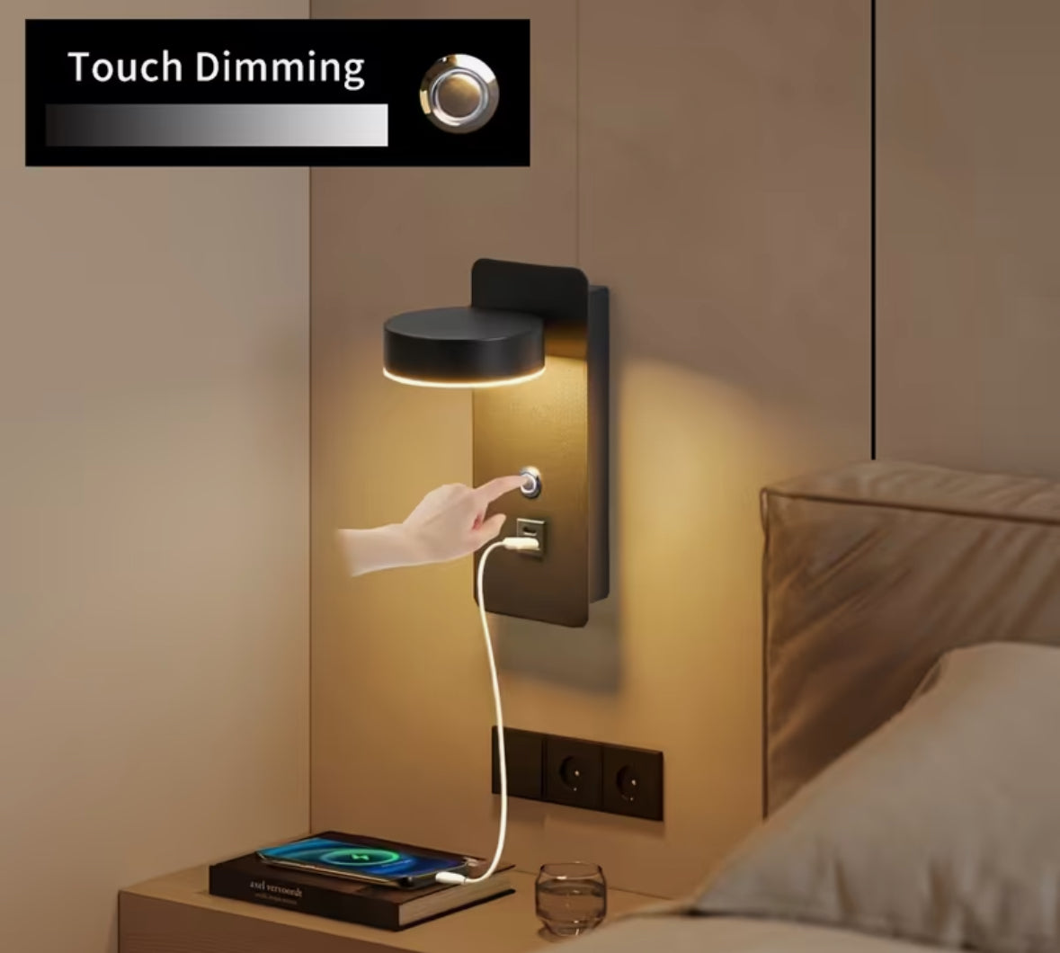 Wall-mounted reading lamp with dimming switch