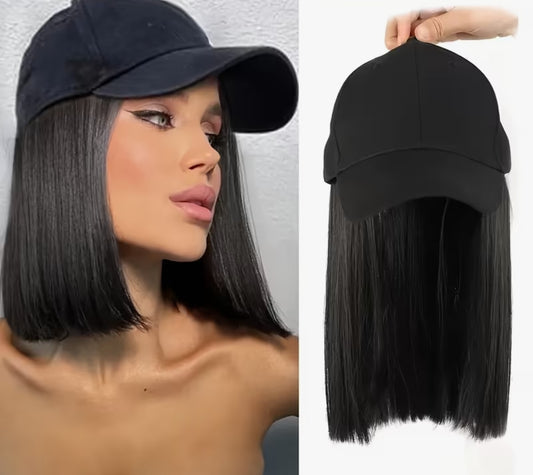 10-Inch Black Baseball Cap Wig with Short Straight Synthetic Hair Extensions