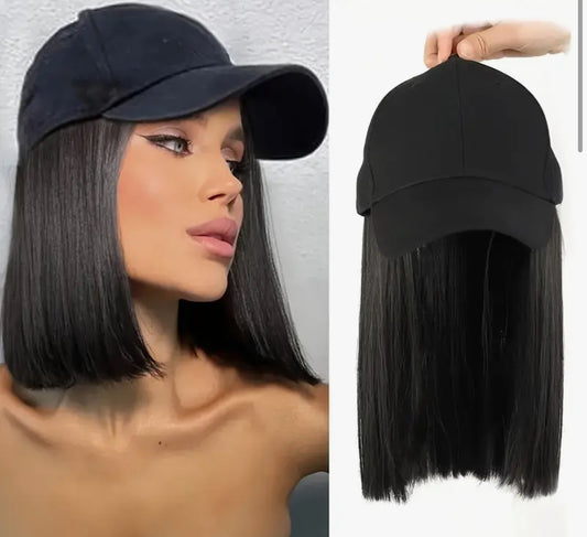 10-Inch Black Baseball Cap Wig with Short Straight Synthetic Hair Extensions
