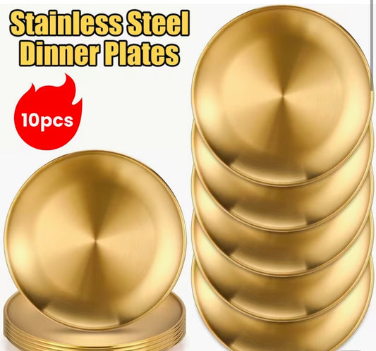 1 Set of 10pcs, 16.99 cm Golden Stainless Steel Dinner Metal Plates